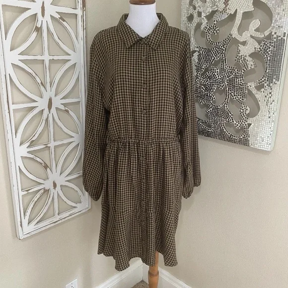 NWT MAURICES xxl BLACK BROWN PLAID BABYDOLL MINI DRESS LONG SLEEVE - Picture 1 of 6